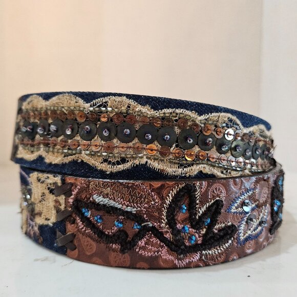 Chico's Belt Size Large Artisan Leather Decorative Metallic Embroidery Ornate - Picture 5 of 12